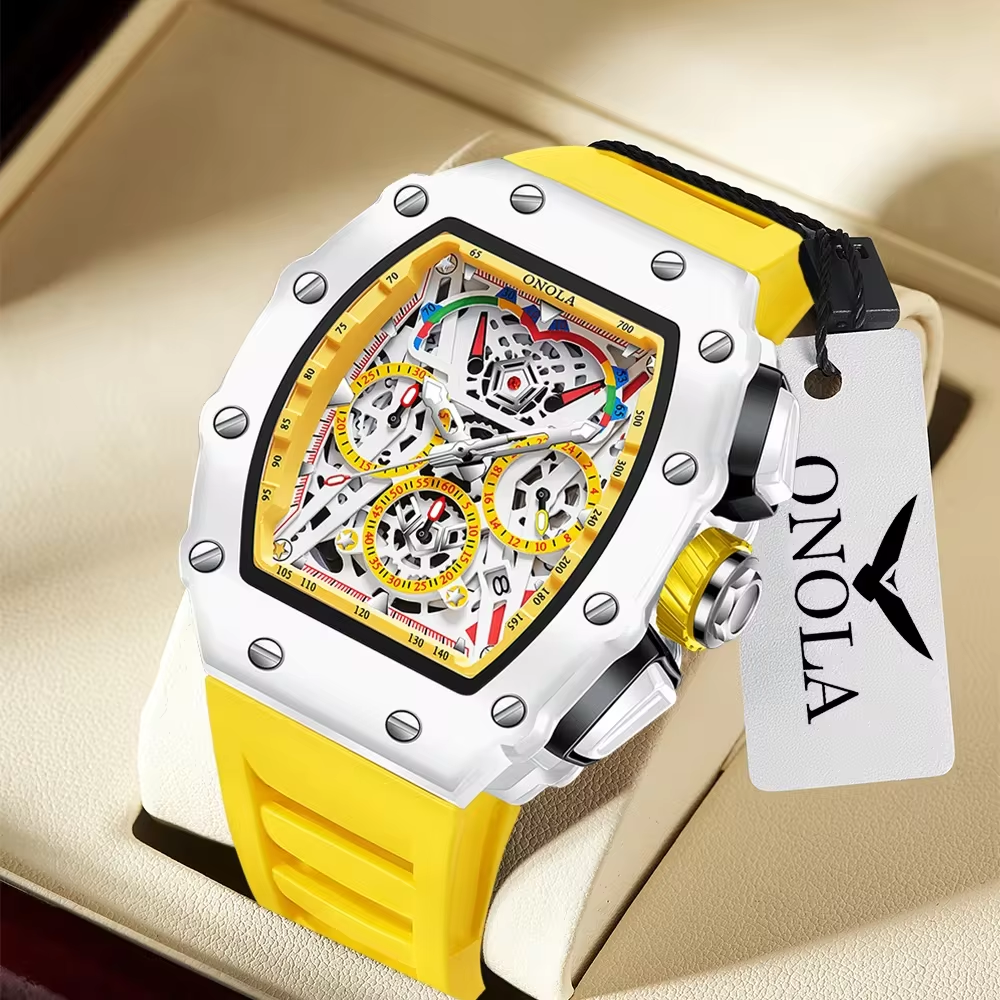 Montre Squelette Luxe ONOLA – Chronographe Sport Automatique Homme Jaune